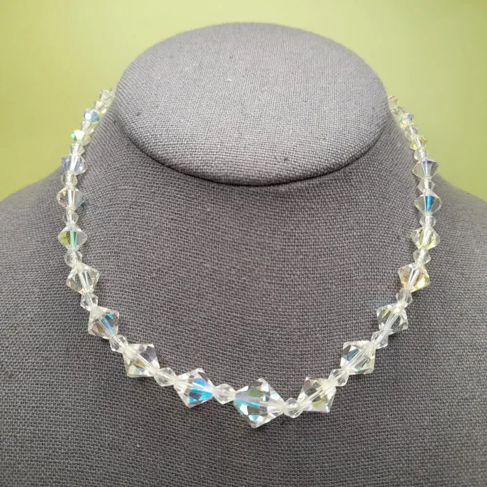 Vintage 1950s Aurora Borealis Crystal Bead Single Strand Necklace, 15 Inches